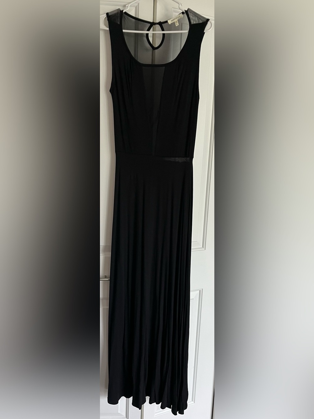 monteau woman’s small long black maxi dress with sheer back and midriff area